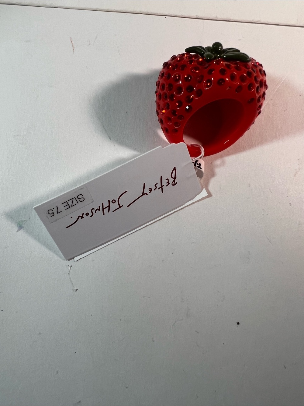 Betsey Johnson Red Strawberry Cocktail Ring with Green Leaf - Picture 6 of 10
